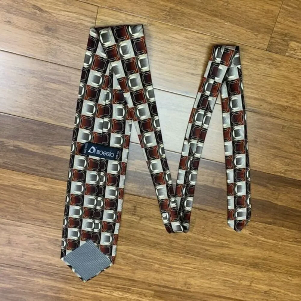 Di Moggio Men's Geometric Square Pattern Silk Neck Tie‎ Brown Metallic Designer